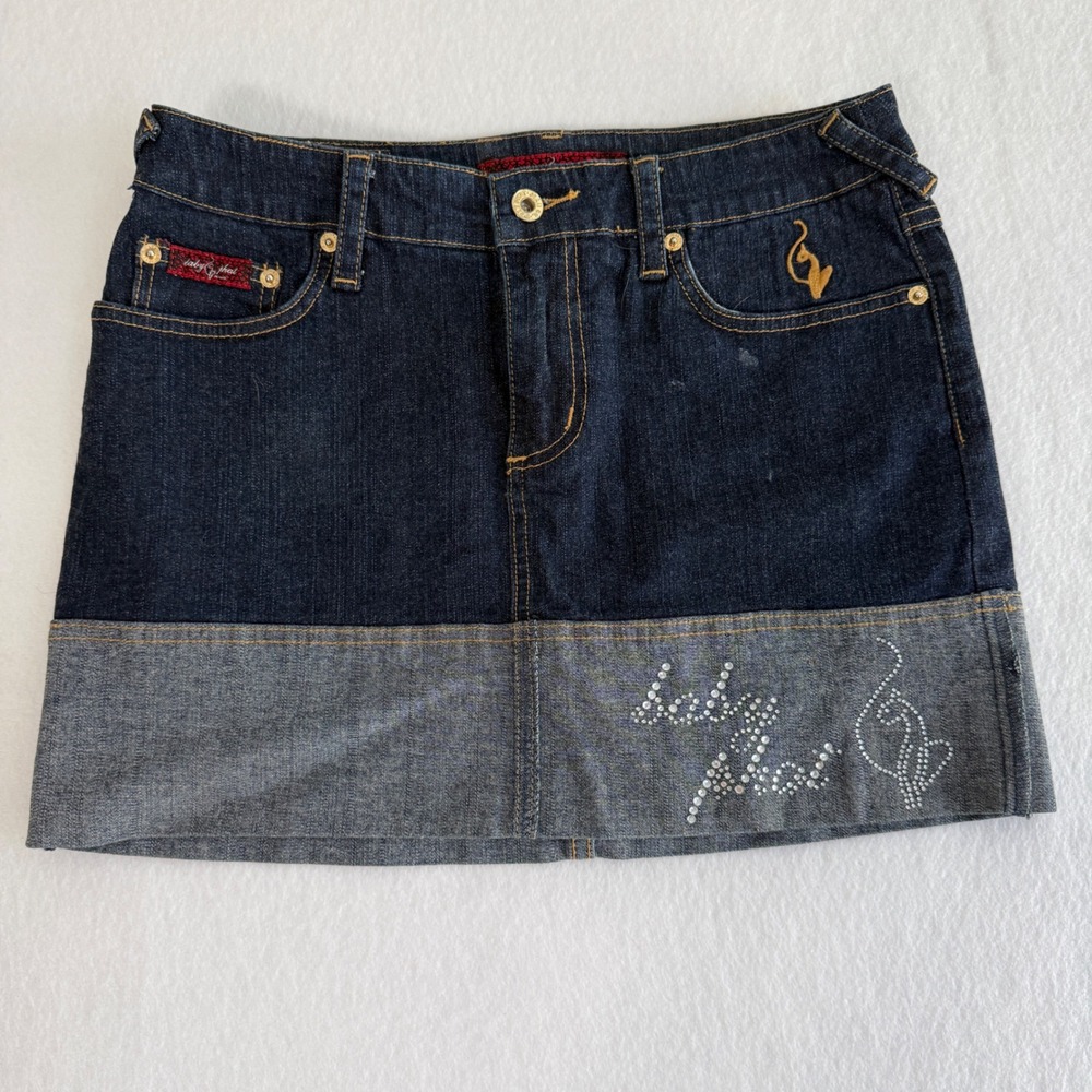 Baby Phat Denim Mini Skirt Womens 5 Dark Blue Rhinestone Y2K C10004RS